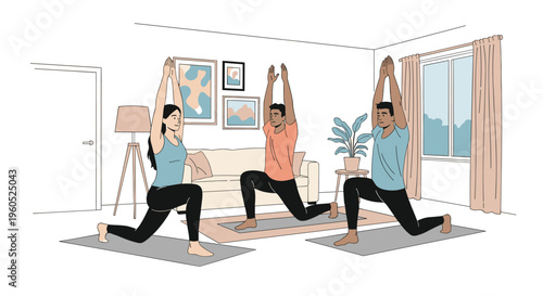 Three diverse people practicing yoga or lunges together in a cozy modern living room with paintings and potted plants on the wall.