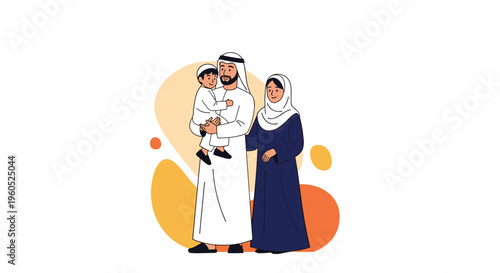 Loving Muslim family with a father holding his young son and the mother standing beside them wearing a traditional blue hijab.