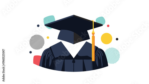 Graduation academic regalia featuring a black cap with a yellow tassel and a matching gown surrounded by abstract colorful shapes.
