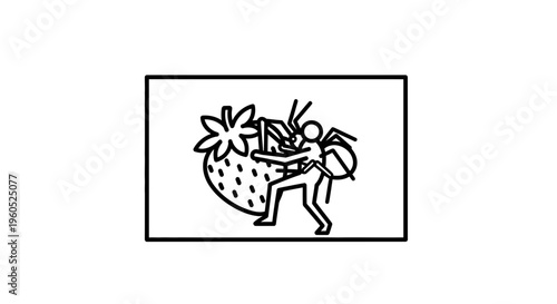 Tiny ant's remarkable effort carrying a giant strawberry icon, symbolizing perseverance and