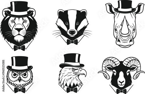Vintage gentleman animal portraits set featuring lion badger rhino owl eagle and ram wearing top hats and bowties cad drawing flat vector illustration