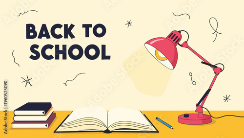 Educational setting for back to school featuring a stack of books, an open book, a red desk lamp, and a pen on a yellow table.