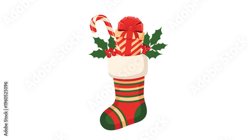 Festive red and green Christmas stocking stuffed with a gift box, a candy cane, and holly leaves for the holiday season.