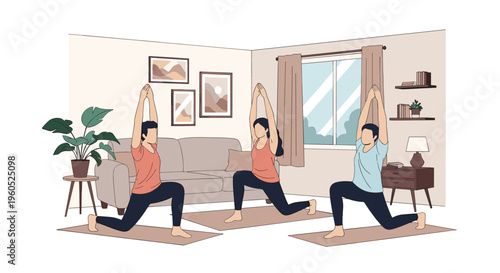 Group of friends performing yoga lunge stretches in a bright and spacious home living room decorated with indoor plants and art.