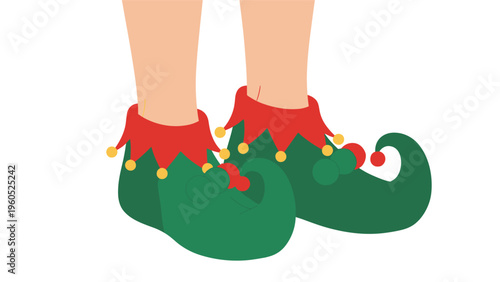 Green and red elf shoes with curly toes and yellow bells shown on a pair of legs for holiday costumes and festive designs.