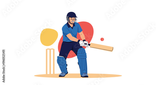 Professional cricket player in a blue uniform and protective gear hitting a ball with a wooden bat on a sunny field.