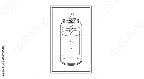 Minimalist outline illustration of a refreshing beverage can with effervescent bubbles clearly