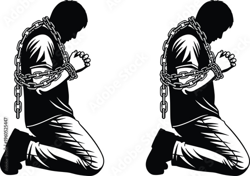 Person kneeling in prayer with chains, black and white silhouette, symbolic artwork, captivity concept, struggle illustration, freedom hope, vector design art
