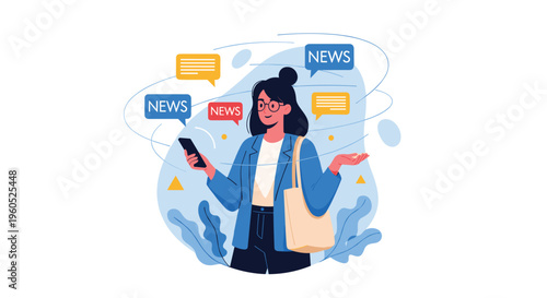 Young woman checking latest headlines and news on her smartphone with floating news bubbles and informational icons.