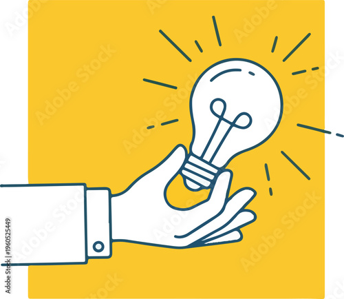 Hand-Drawn Line Art Lightbulb Idea Concept, Hand Drawn Vector Illustration of a Business Hand Holding a Glowing Lightbulb for Idea Concept