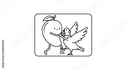 Whimsical line art illustration of a cheerful mango engaging in a lively interaction with an