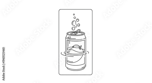 Refreshing fruit beverage can with effervescent bubbles and a floating apple illustration concept