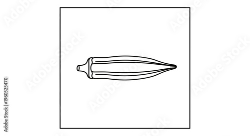 Clean monochrome vector illustration depicting a single fresh okra pod outline for culinary design