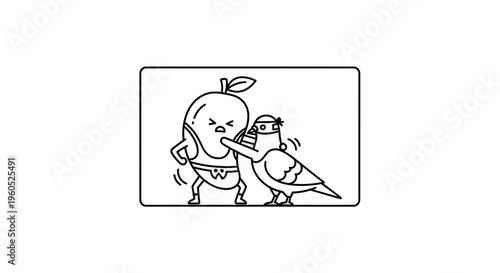 Playful cartoon scene of an anthropomorphic mango in a sumo outfit wrestling a ninja pigeon