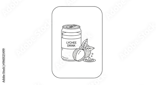 Minimalist line art illustration of a refreshing lychee fruit beverage can with fresh tropical