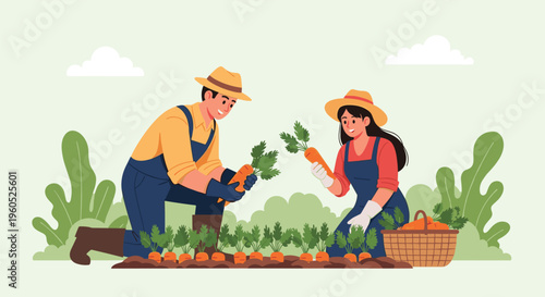 Two happy farmers man and woman harvesting fresh carrots from a garden bed and putting them in a wicker basket.