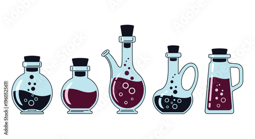 Collection of five decorative glass bottles with various shapes and sizes filled with dark liquid and cork stoppers.