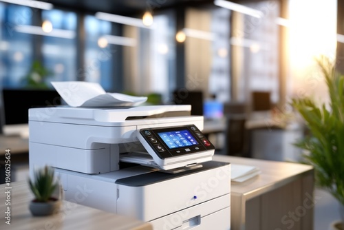 Modern Office Printer with Control Panel and Subtle Smudges in a Bright Work Environment