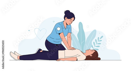 First aid responder performing cardiopulmonary resuscitation or CPR on a person lying down to save a life during an emergency.