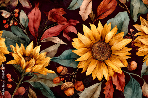 Wallpaper of Seamless pattern with yellow sunflowers