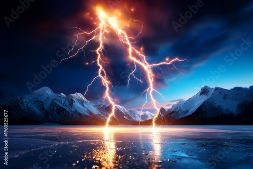 Lightning Strikes Unique Snow-Covered Mountain Peaks Under Dramatic Stormy Sky
