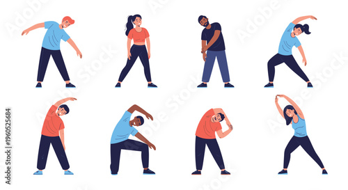 Collection of diverse people performing different types of stretching and yoga exercises to stay fit and healthy.