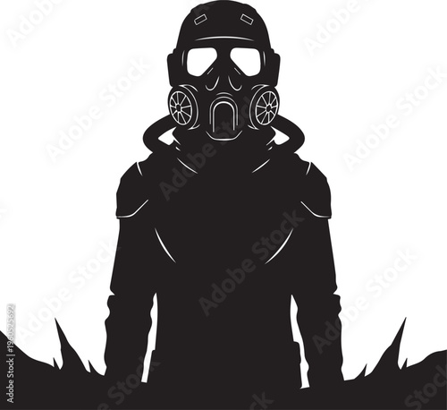 Person in gas mask vector silhouette illustration line art hazmat suit style