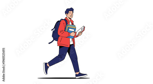 Young male student wearing a backpack and carrying several books while walking to class at university or school.