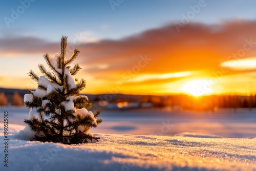 Minimalist Snow Landscape with a Single Decorated Pine Tree at Sunset in Winter Scene