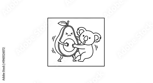 Charming monochrome illustration featuring an adorable koala bear affectionately embracing a