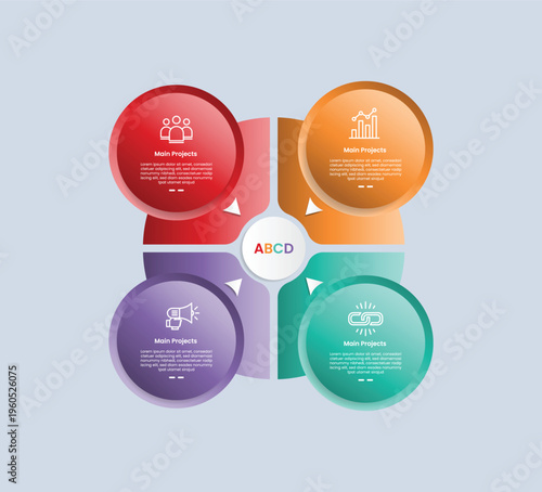 Circle base infographic with glossy gradient style with big circle quadrant combination with badge on each side with small arrow pointer with four segment information