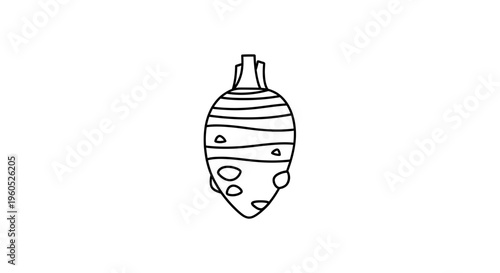 Minimalist black outline drawing of an earthy corm vegetable with textured surface for various