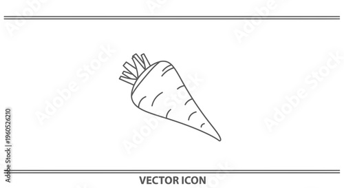 Minimalist vector line art illustration of a fresh garden carrot with leafy greens
