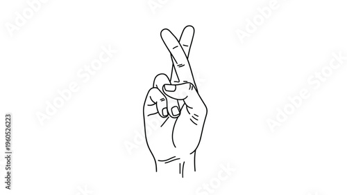 Simple line drawing of a hand with middle and index fingers crossed as a sign for good luck or hope on a white background.