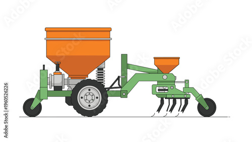 Side profile illustration of a green and orange agricultural seed drill machine used for planting crops in a farm field.