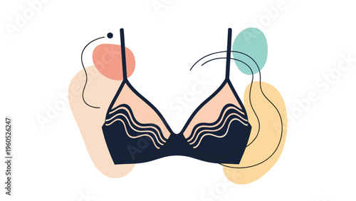 Stylish black bra with patterned cups set against a background of soft abstract organic shapes for fashion and apparel.