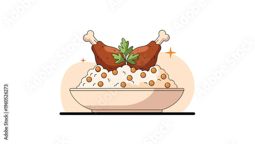 Appetizing bowl of white rice topped with two roasted chicken drumsticks and a parsley garnish for food and dining themes.