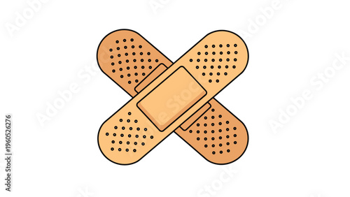 Two tan adhesive bandages crossed in an X shape on a plain white background for medical, first aid, and health themes.