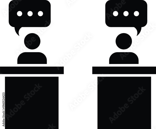 People speaking at desks silhouette icons, debate or presentation characters with speech bubbles, corporate communication symbols, discussion group vector illustration set.