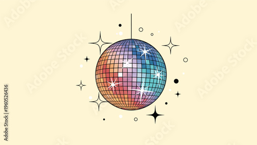 Sparkling disco ball reflects light with colorful shimmering tiles against a soft yellow backdrop for party and dance themes.