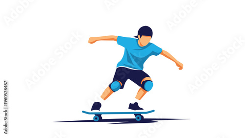 Young skateboarder performs a dynamic trick on a white background using a blue skateboard and wearing protective gear for sports safety.