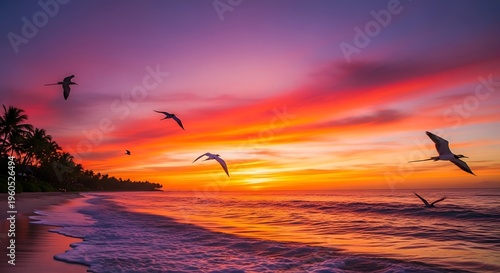 Seagulls flying over beach at sunset.