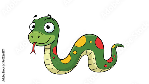 Friendly cartoon green snake features bright yellow and red spots with a playful expression and a red tongue on a white background.