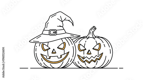 Spooky jack-o-lantern pumpkins are shown in a detailed black and white line drawing for Halloween holiday decorations and festivities.