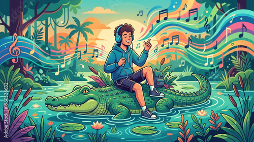 Young man wearing headphones sitting on a crocodile in a swampy tropical environment with music notes floating around at sunset