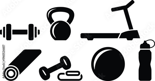 A collection of essential gym equipment icons for health and fitness activities on a white background