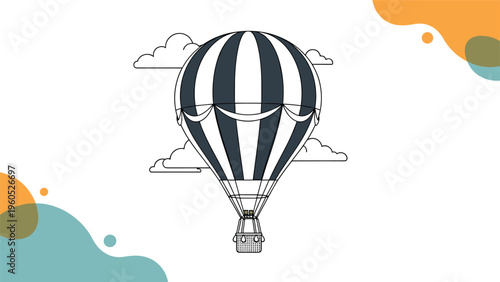 Striped hot air balloon floats in a clear sky surrounded by stylized clouds and abstract shapes for travel and adventure concepts.