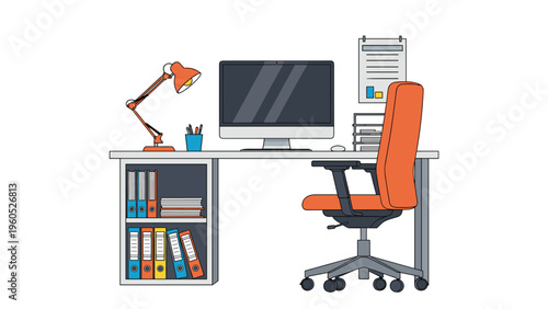 Modern office workspace setup includes a computer monitor desk lamp swivel chair and storage binders for professional productivity concepts.