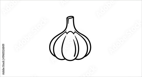 Minimalist black outline drawing of a whole garlic bulb on a clean white background