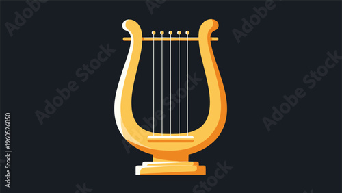 Ancient golden lyre string instrument is depicted on a dark background for music history and classical mythology themed illustrations.